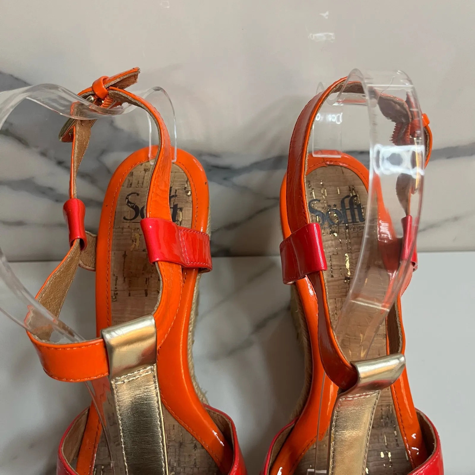 Sofft Wmns Orange Patent Leather Open Toe Strappy Jute Wedge Pedra Sandal Sz 10 Pink - Image 5