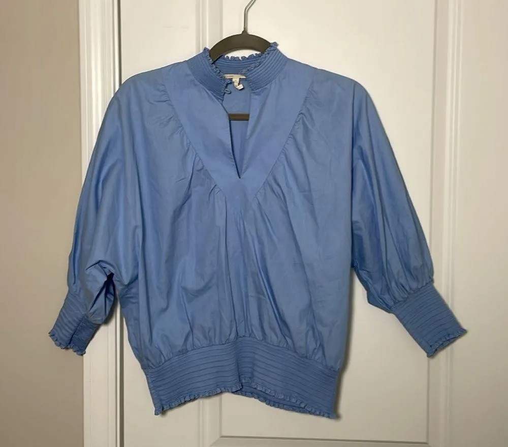 Maje Libou Smocked Blouse women's size 1(S) blue batwing cotton cottage - Image 4