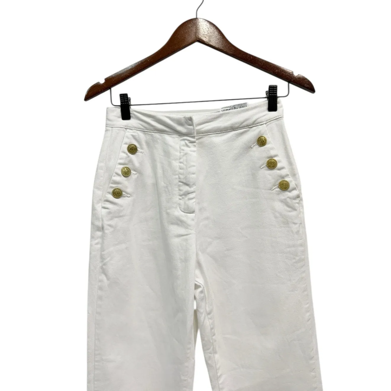 Zara Gold Button High Waisted Straight Leg Ankle Pants White Cotton size Small - Image 2