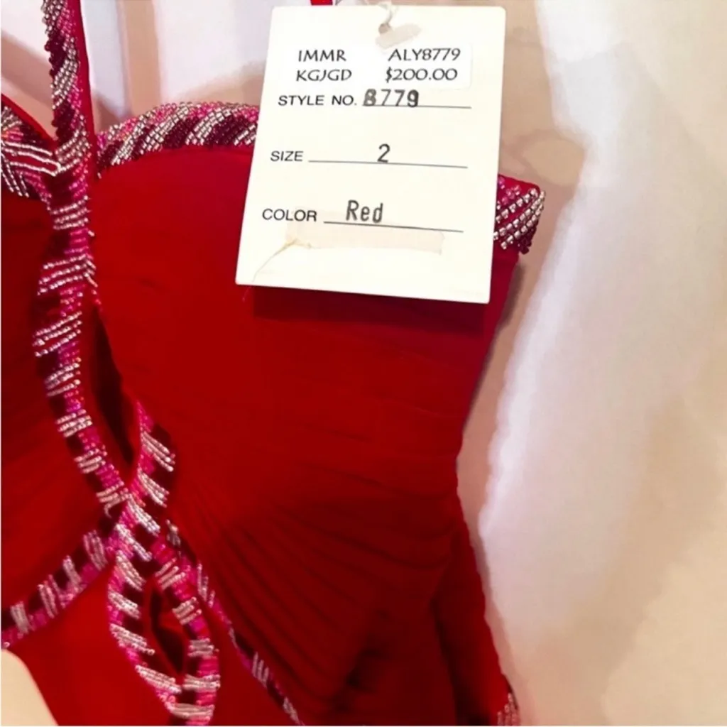 Elegant Red Halter Dress key hole front features & thigh high slit glass beads - Image 4