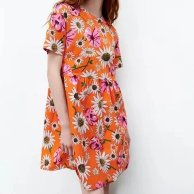 $60 NWOT Zara 100% Cotton Orange Floral Babydoll Dress S - Image 6