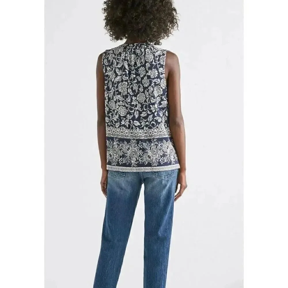 Lucky Brand Navy White Sleeveless Lace Mix Top Tie at Neck Soft SZ M # 1778 - Image 2