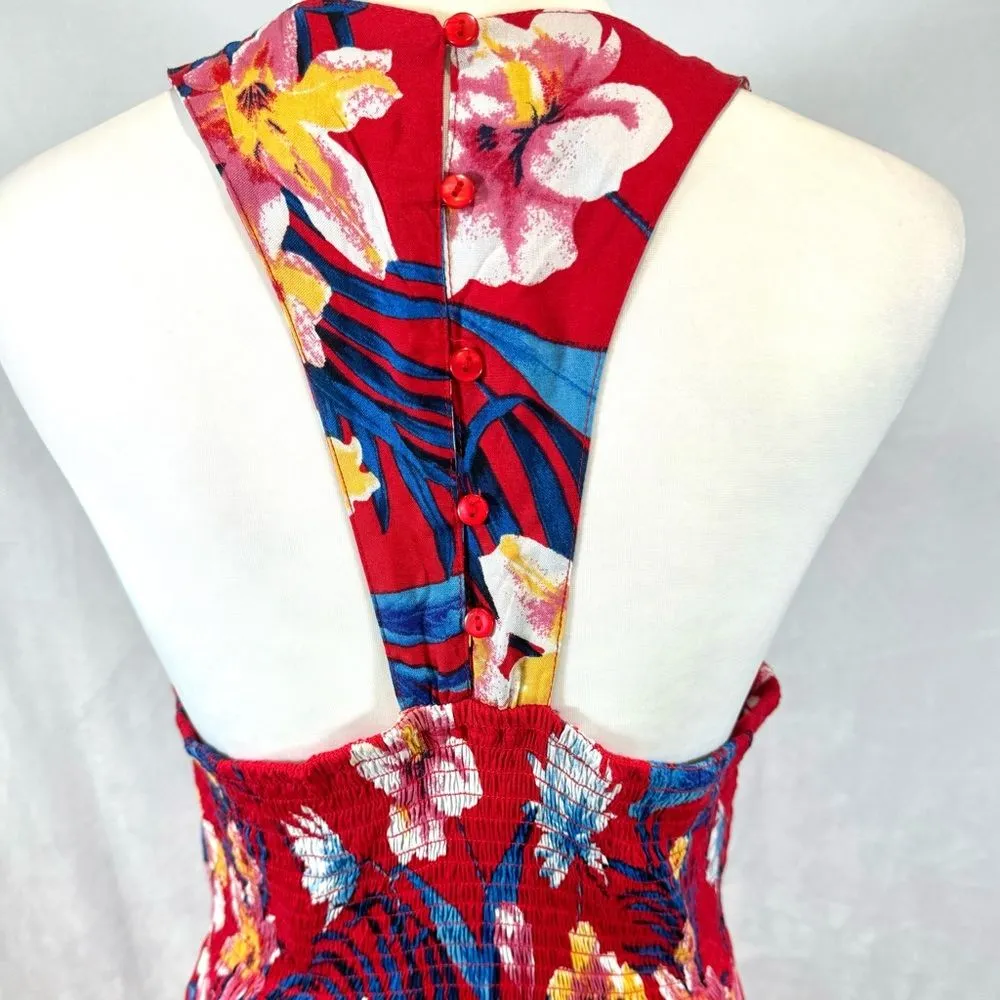 Gorgeous red tropical print Grecian waist halter racerback maxi dress size large - Image 5