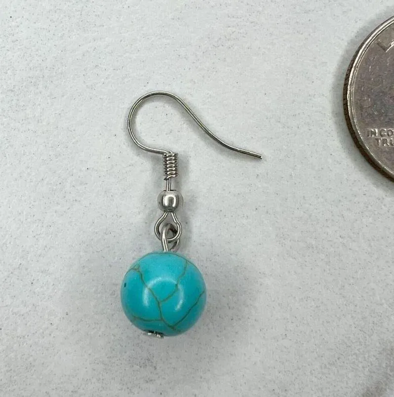 Silver Tone Faux Turquoise Beaded Dangle Drop Earrings Pierced Pair - Image 7