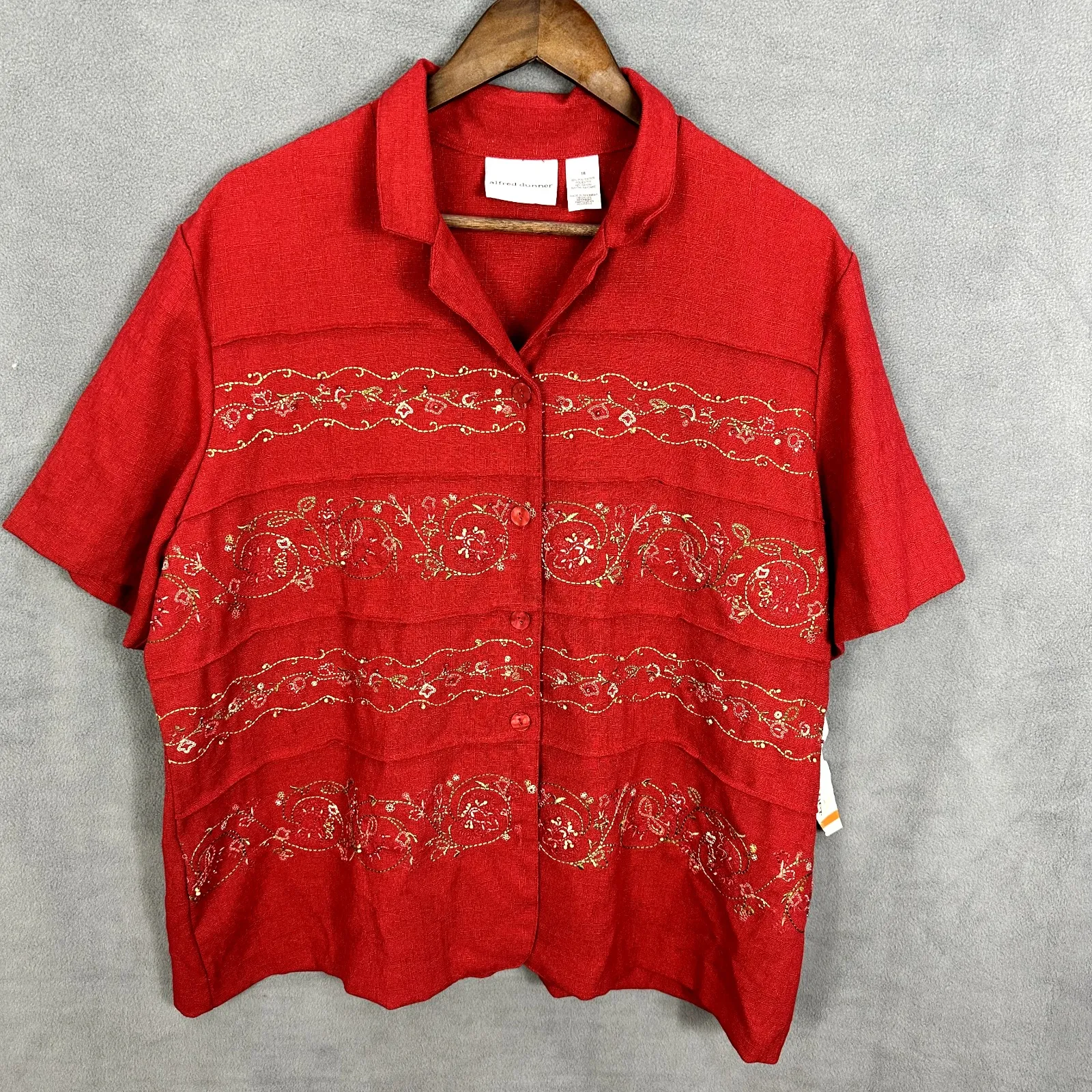 Alfred Dunner Button Up Short Sleeve Top Womens 18Red Floral Embroidered NWT - Image 1