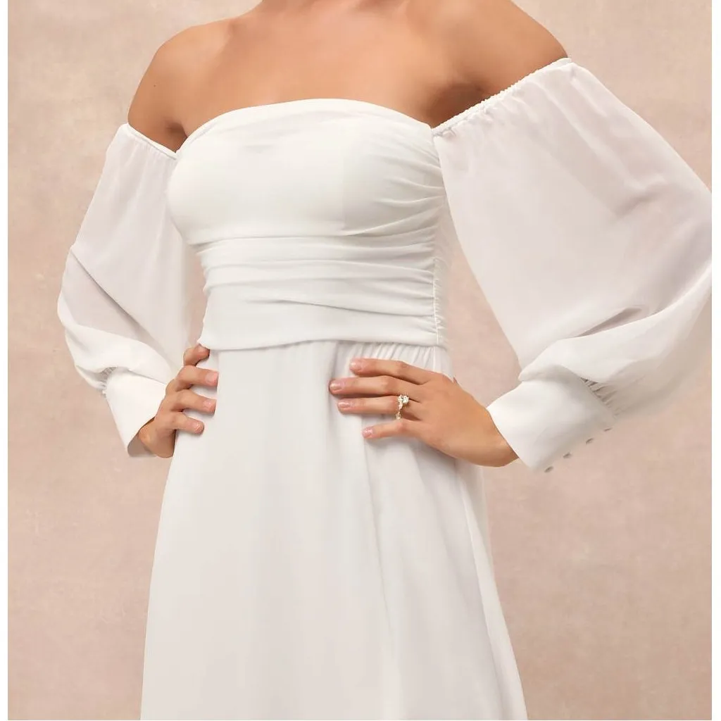 Lulus NWT Adorna White Off-the-Shoulder Semi-Sheer Chiffon Maxi Dress Large - Image 4