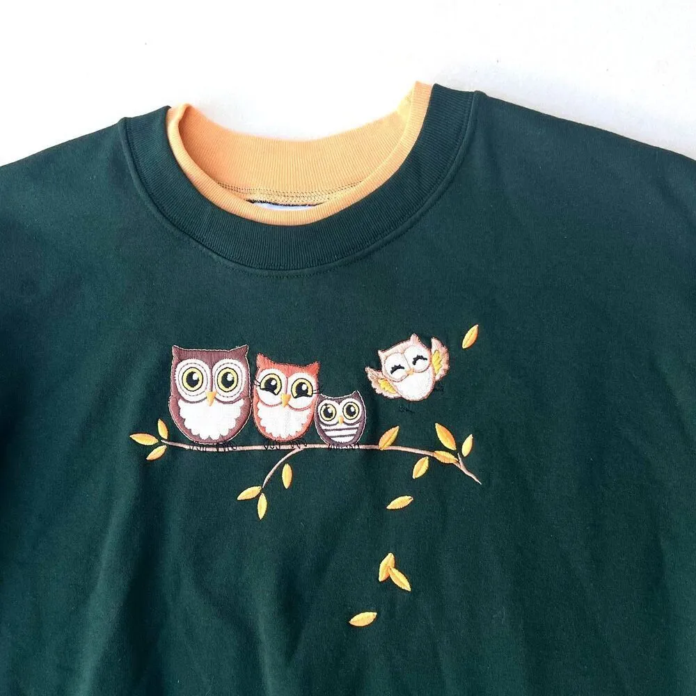 Owl birdie sweater cozy collared sweatshirt comfy green yellow size L Size L - Image 2