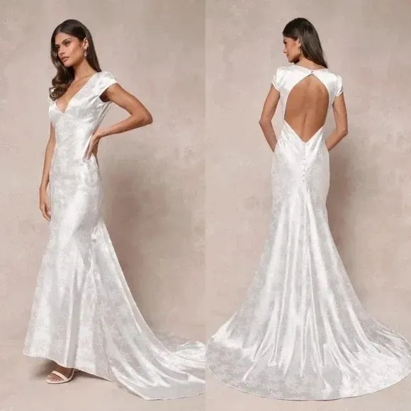 Lulus Loveliest Dream White Satin Jacquard Backless Mermaid Maxi Dress Size L Size L - Image 2