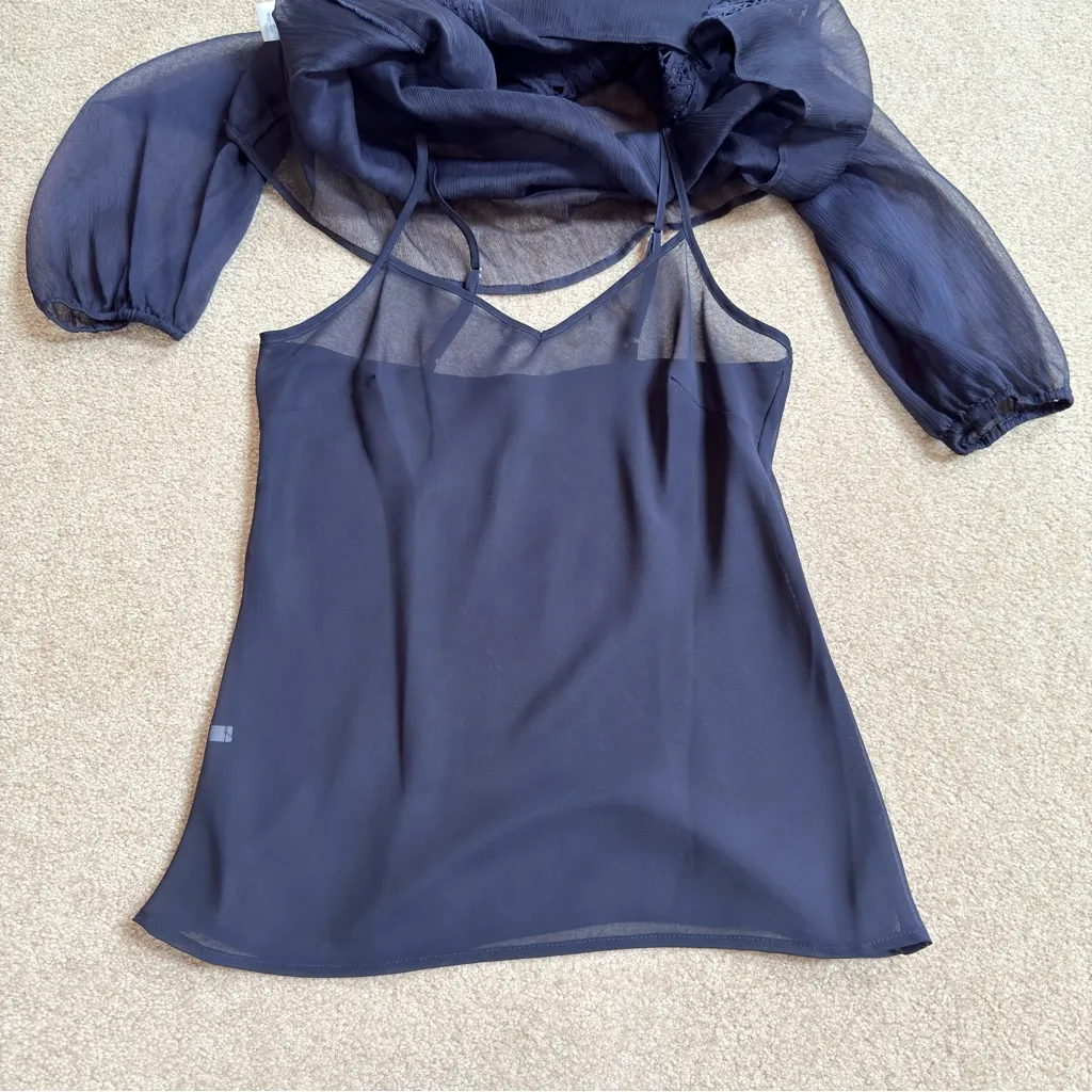 Daniel Rainn Midnight Blue Sheer Lace Peasant Blouse with Cami Small - Image 4