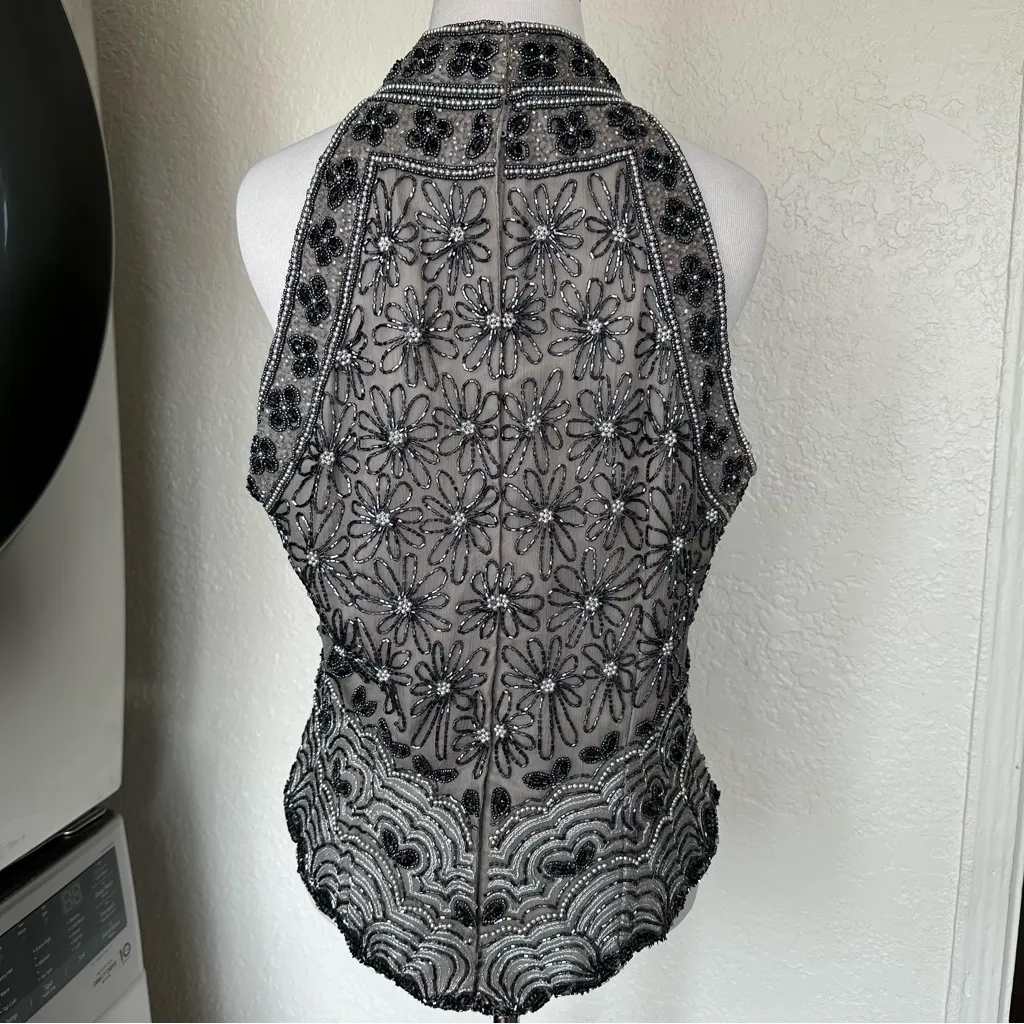 Papell Boutique Vintage Gray Black Beaded Mock Neck Tank Top shell 100% silk (L) Silver Size L - Image 8