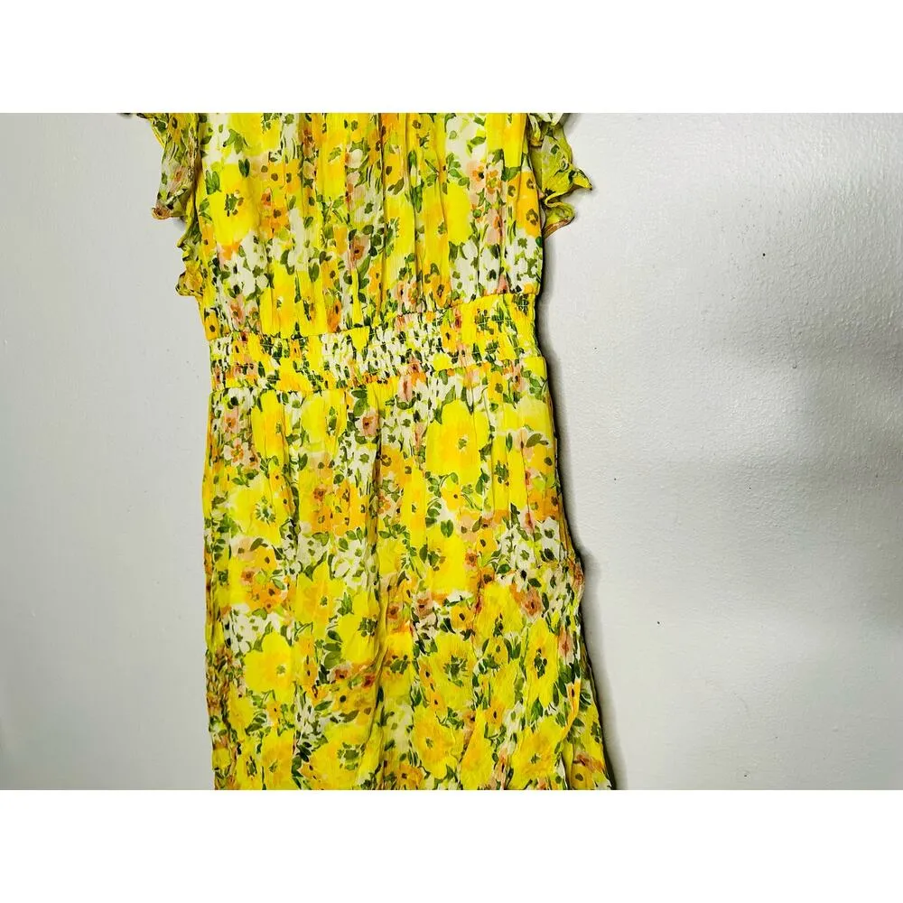 SHOSHANNA Yellow Floral Chiffon Short Flutter Sleeve Ruffle Hemline Dress size 0 - Image 5