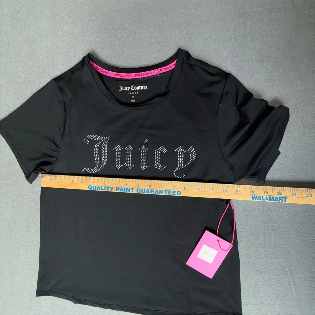New Juicy Couture Sport Black‎ Tee with Rhinestone logo Pink Accents size Medium - Image 6