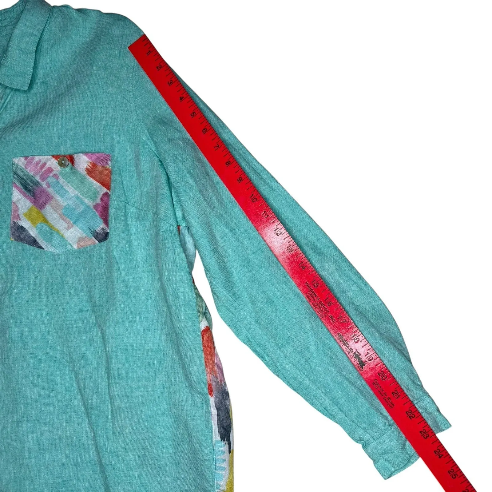John Mark XL Linen Shirt Top Aqua Blue‎ Green Casual Artsy Lagenlook Roll Tab - Image 7