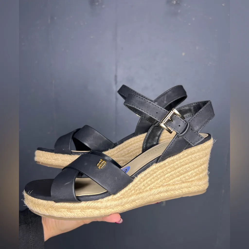Tommy Hilfiger Black Wedge Sandals with Jute Espadrille Platform, Size 6.5 - Image 2