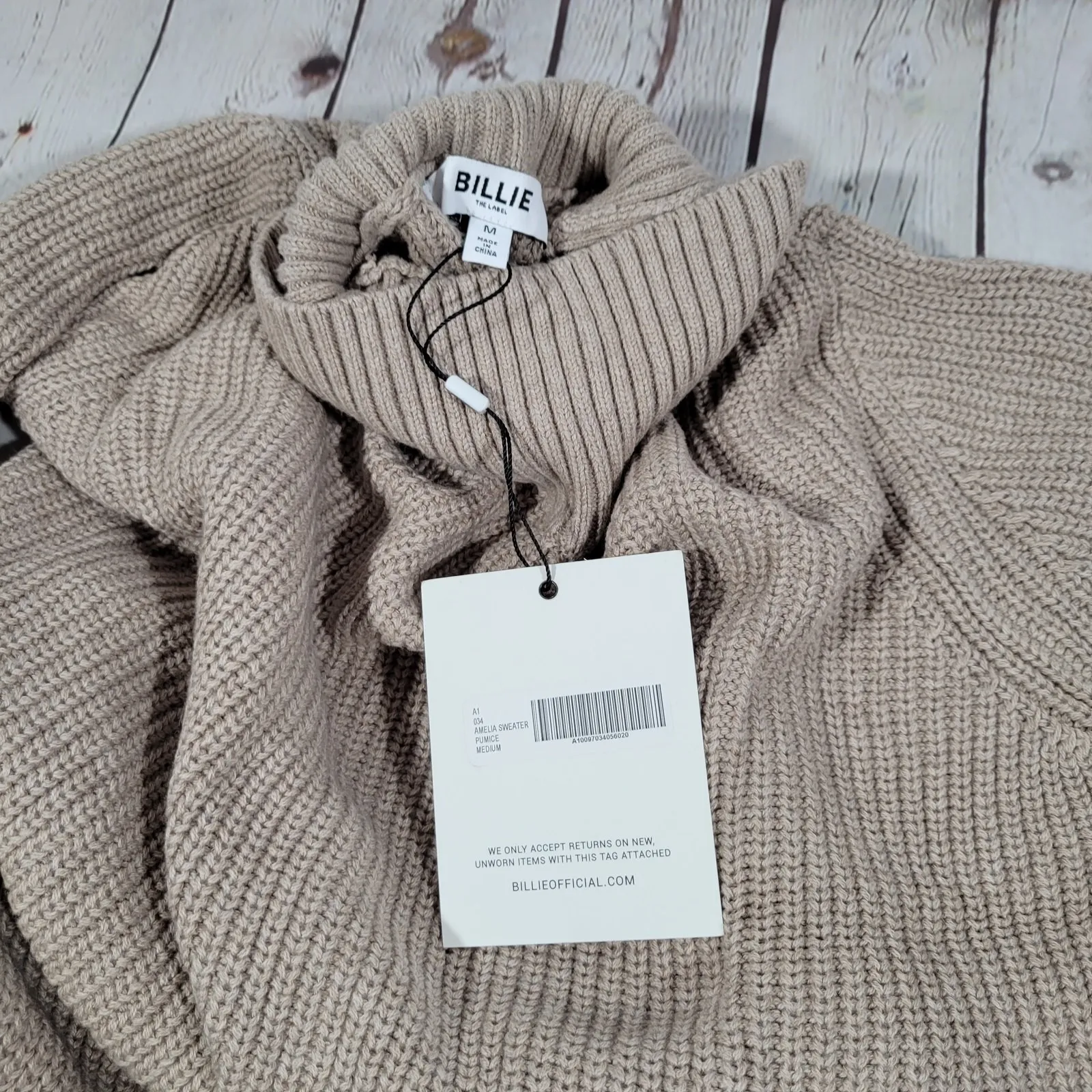 Billie The Label Amelia Sweater Ribbed Mock Neck Balloon‎ Sleeve Pumice Medium Tan - Image 3