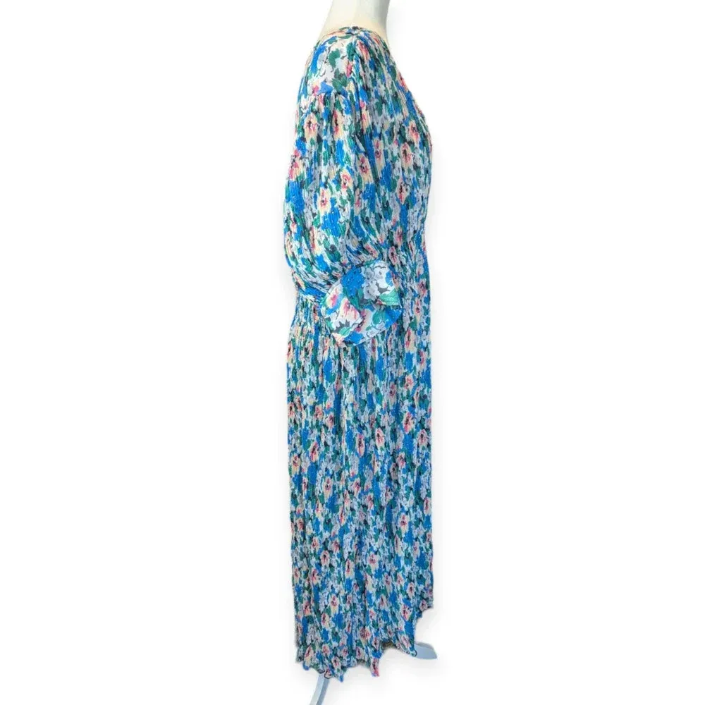 Ganni Floral Tent Dress Blue Green Midi Length Modest Pleated - Image 11