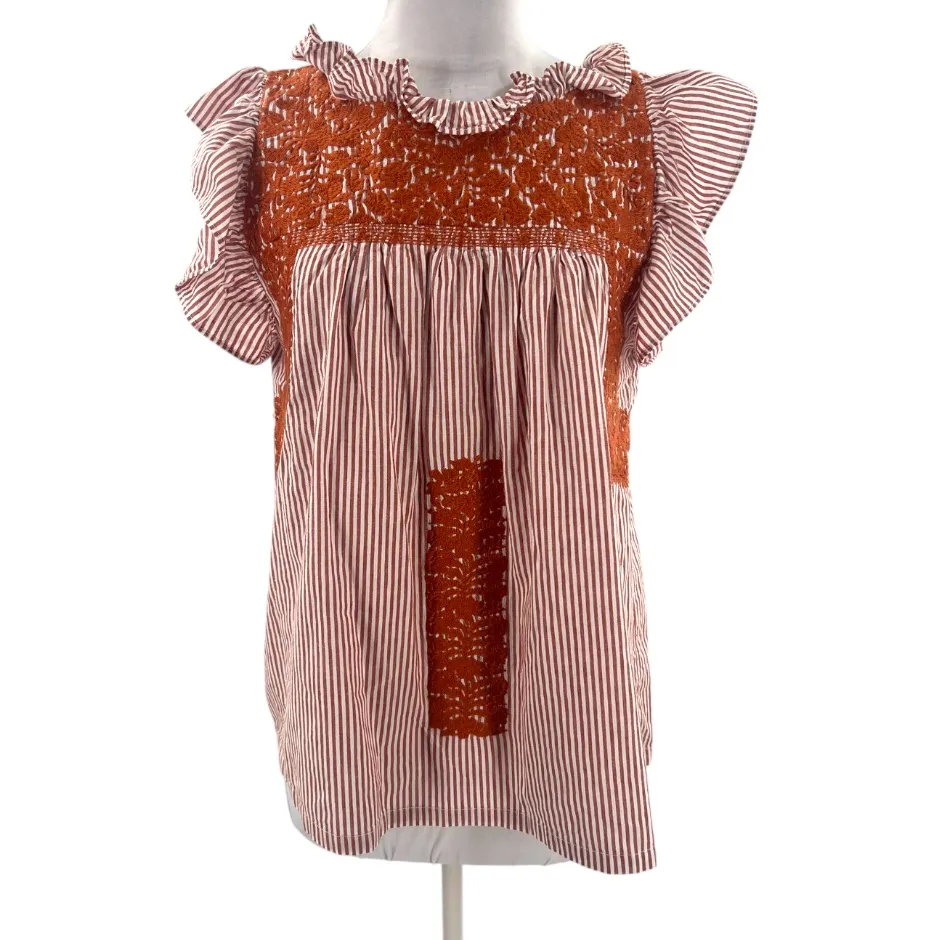 J. Marie Hope Striped Print Embroidered Jewel Neck Ruffle Top Sz M Size M - Image 4