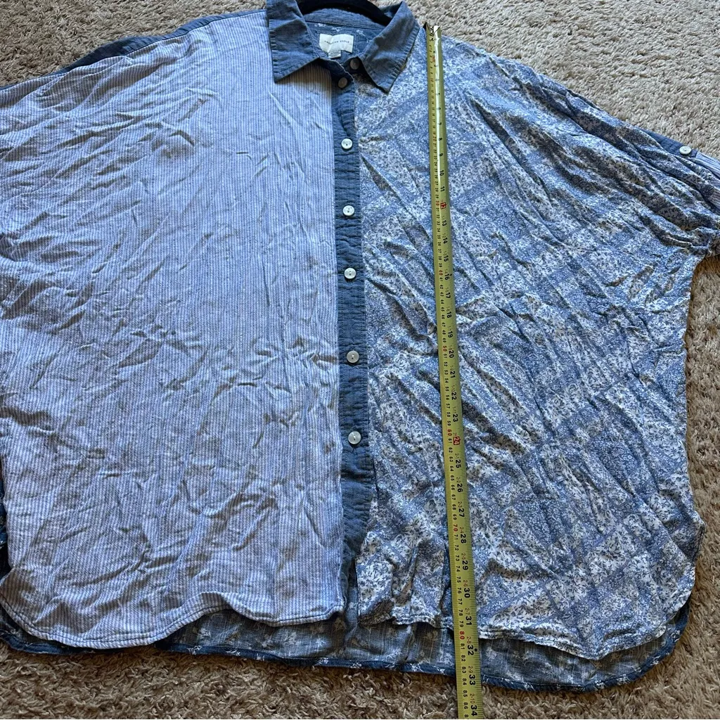 American Eagle Button Front Shirt XL Floral Stripes Patchwork Denim Linen Blend - Image 5