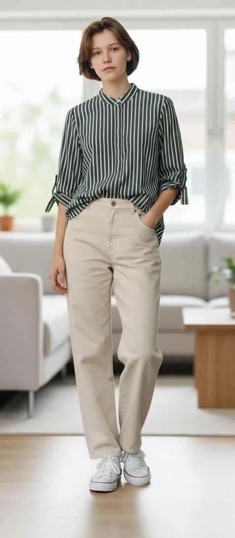 Ann Mashburn Christiane Tunic Tie Hem Green/Cream Bengal Stripe Poplin Size XS - Image 1