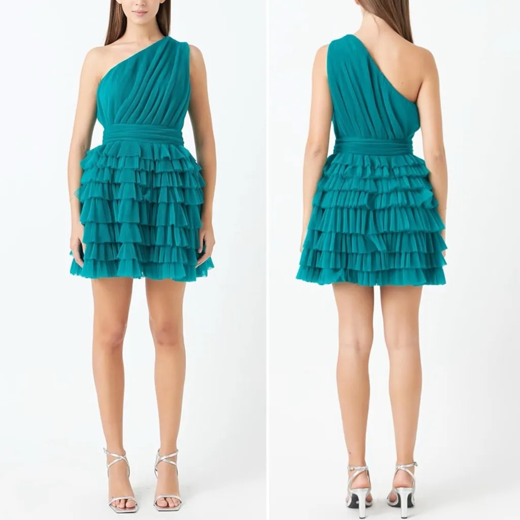 NWT Endless Rose One Shoulder Tiered Tulle Mini Dress Jade Green Size Medium - Image 11