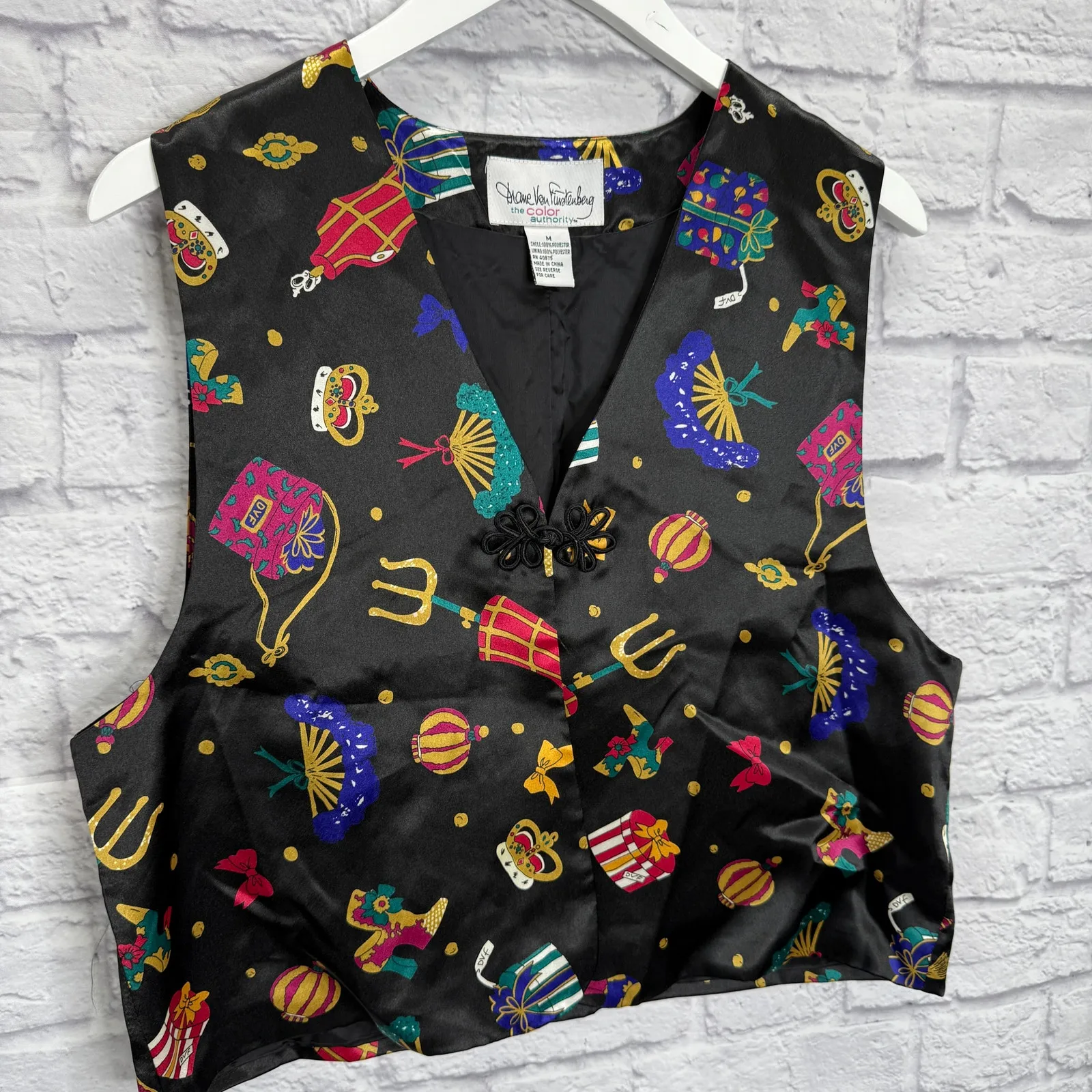 Vintage Diane Von Furstenberg Silky Vest Size M Black Crown Fan Victorian - Image 2