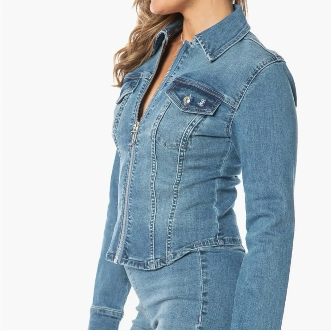 Juicy Couture Women’s Corset Trucker Denim Jacket Light Wash XS Rhinestone Logo - Image 3
