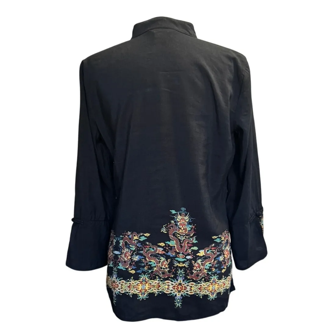 Citron Santa Monica Silk Linen Blouse with Black with dragon floral motif (S) - Image 2