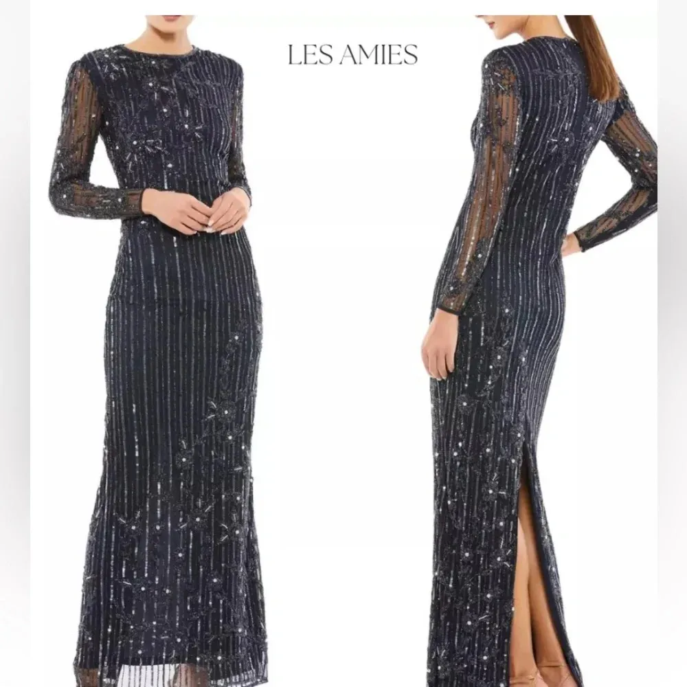 Mac Duggal sequin formal dress high neck illusion navy formal cocktail Sz‎ 8 NWT - Image 4