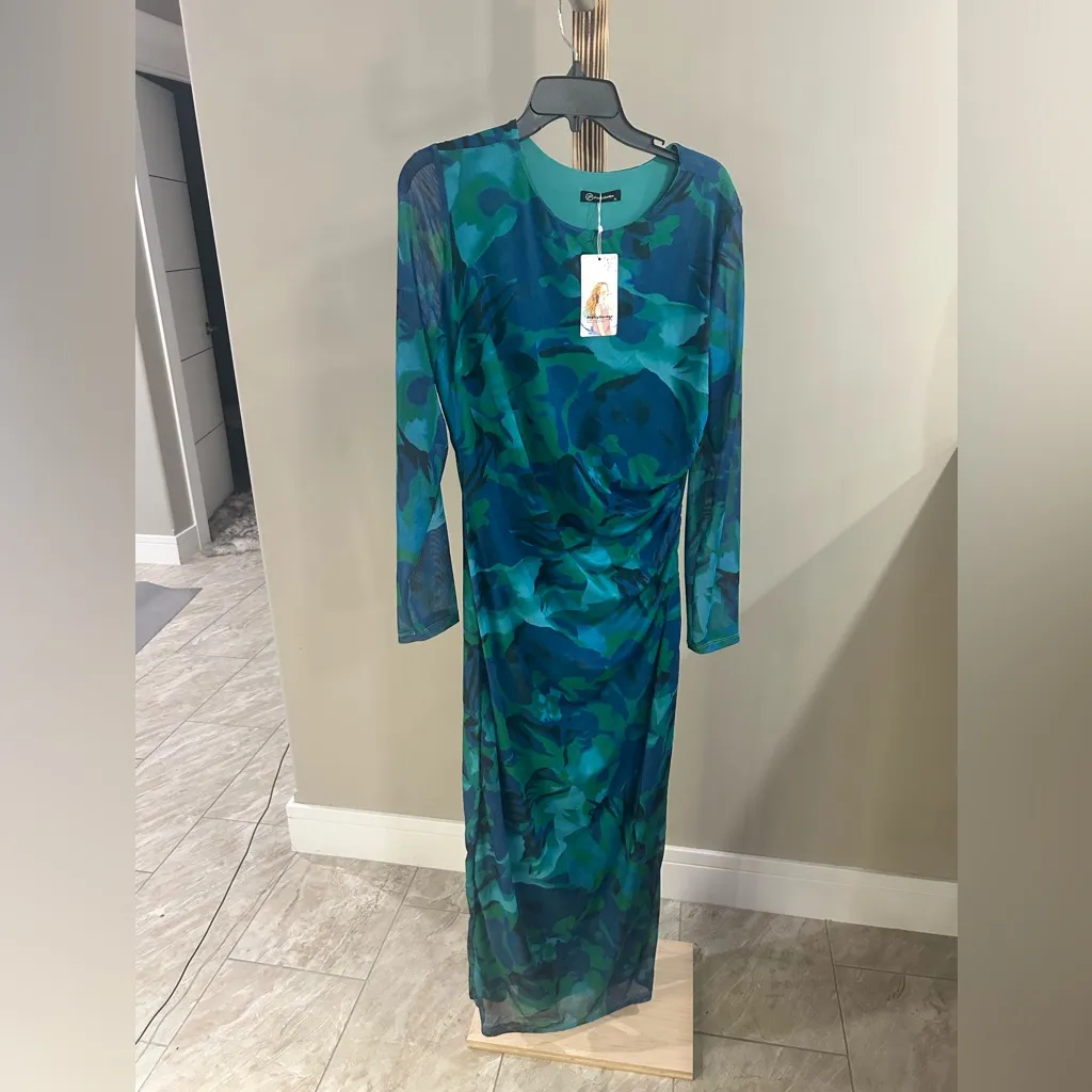 PrettyGarden Blue Green Mesh Long Sleeve Midi Dress Women’s Size X Large NWT - Image 4