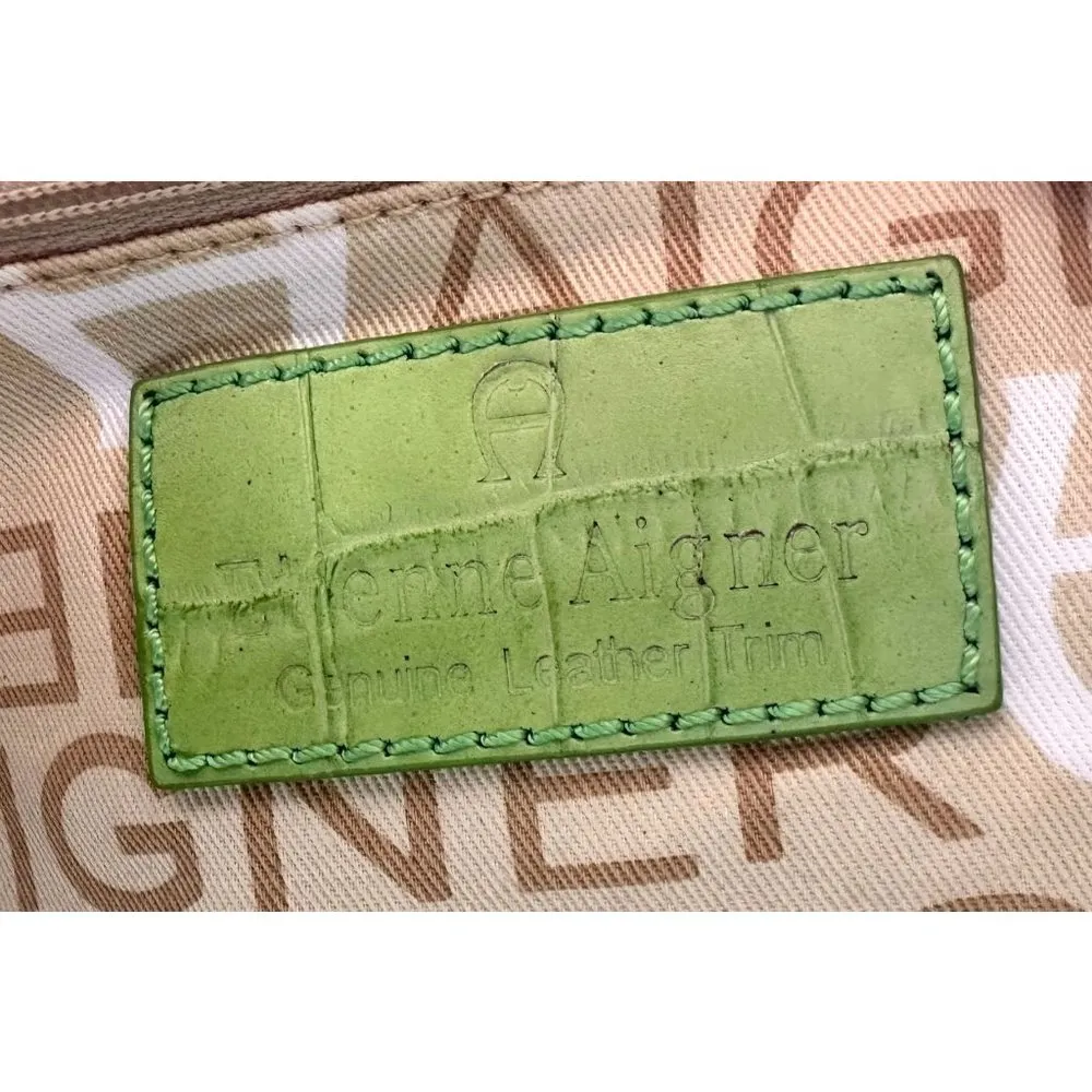 Vintage Etienne Aigner Canvas Leather Handbag Bamboo Handles Snap Closur… - Image 10