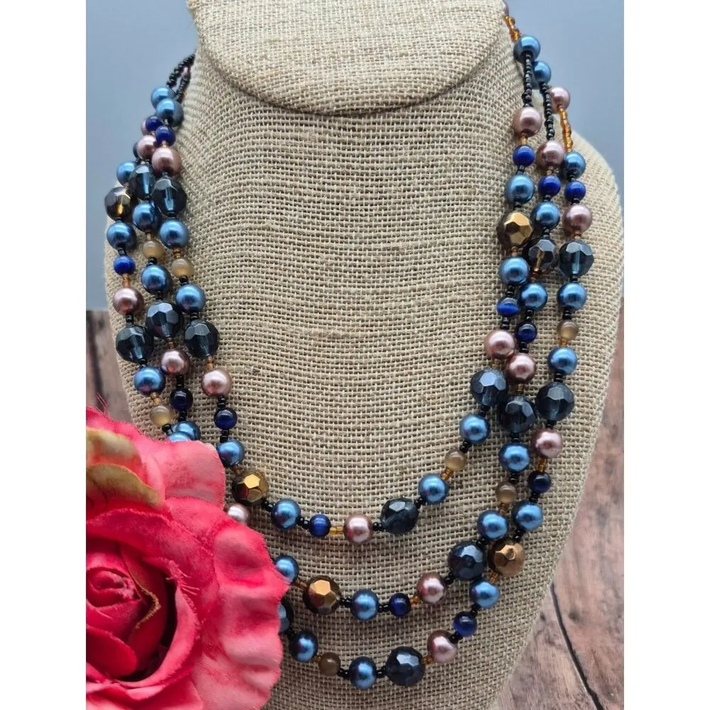 Pretty Esmor Multi Strand Glass Bead Necklace Jewel Tones Blue Gold 22" - Image 10