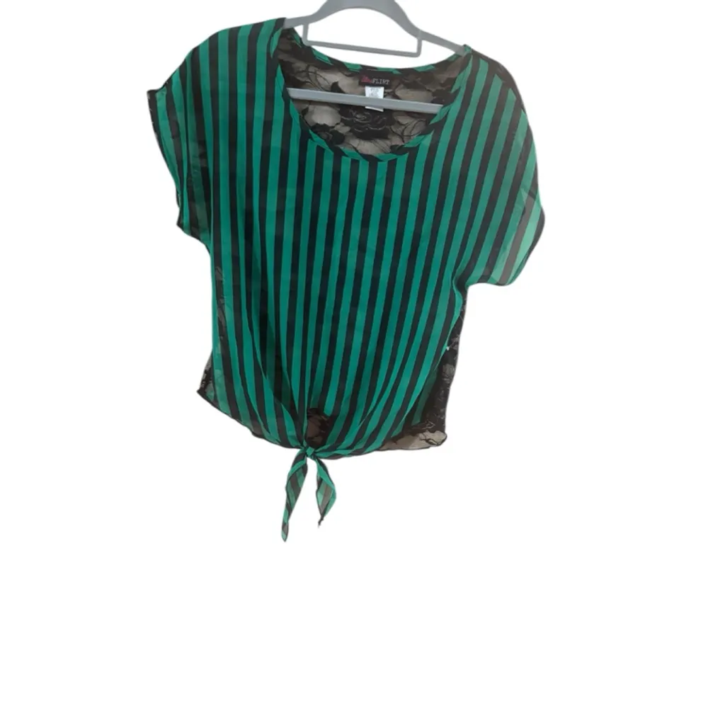 Women's Ultra Flirt Green & Black Striped Short Sleeve Tee M - Image 3