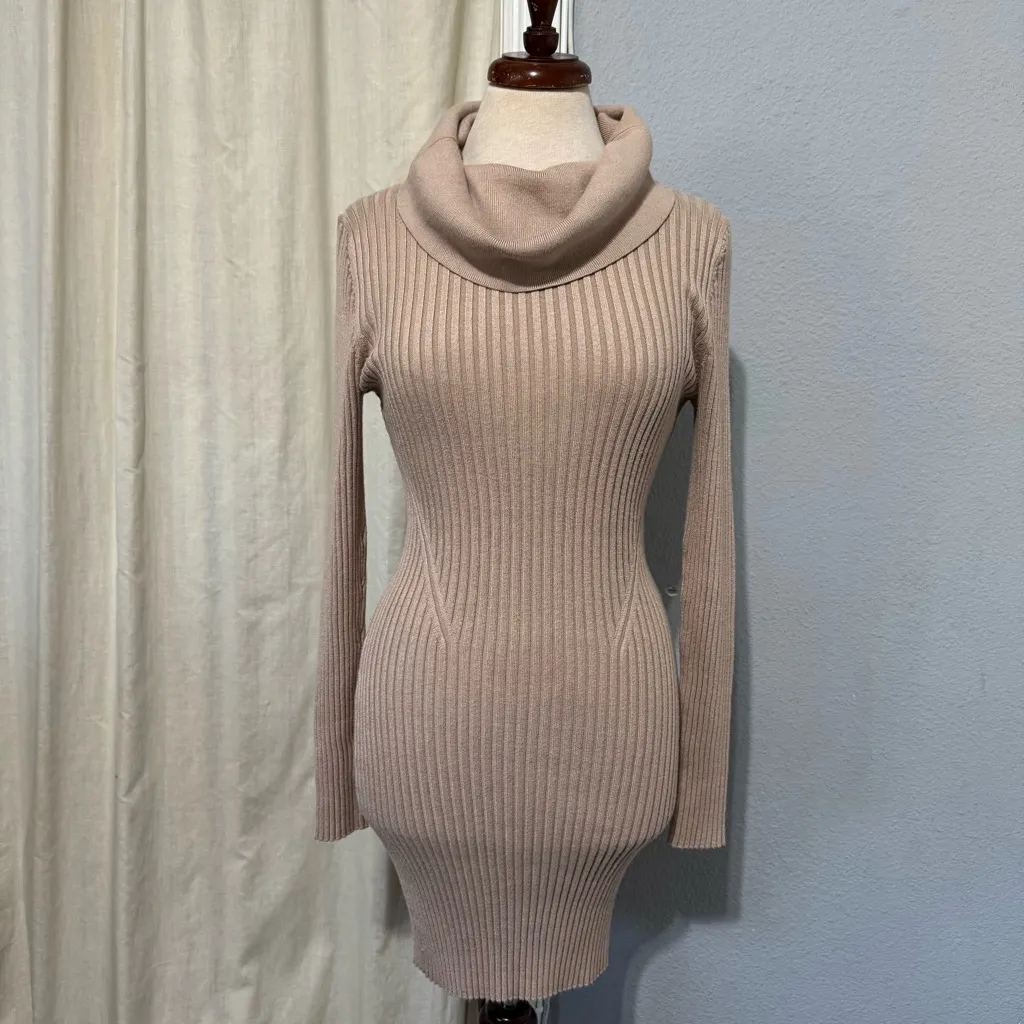 V28 Women Cowl Neck Sweater Long Sleeve Ribbed Knit Fitted Beige Dress Size M Tan Size M - Image 5