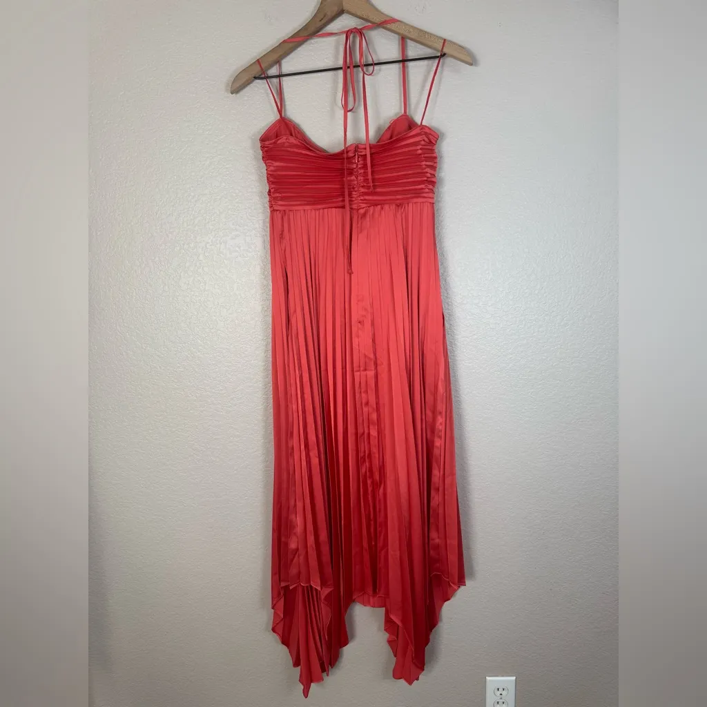 Express Satin Pleated Tie Halter Sweetheart Asymmetrical Midi Dress Coral Small - Image 13