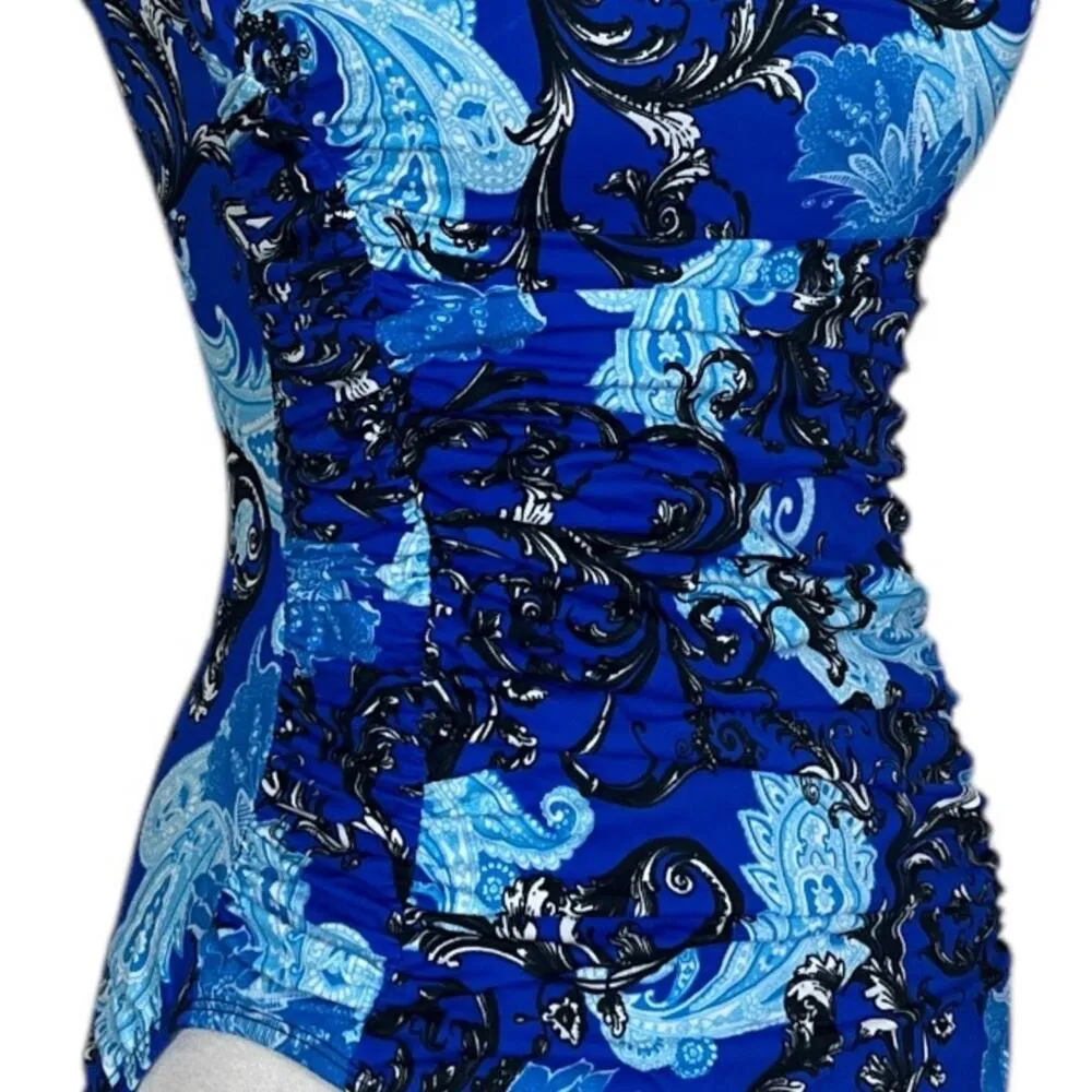 Robby Len One Piece Swimsuit Shirred Waist Slimming Blue Paisley Women’s Size 14 - Image 9