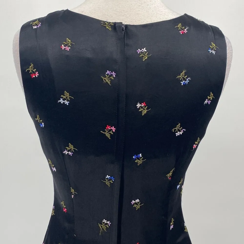 Vintage 90s Satin Mini Dress Embroidered Floral Beaded Squareneck Black Womens 8 - Image 6
