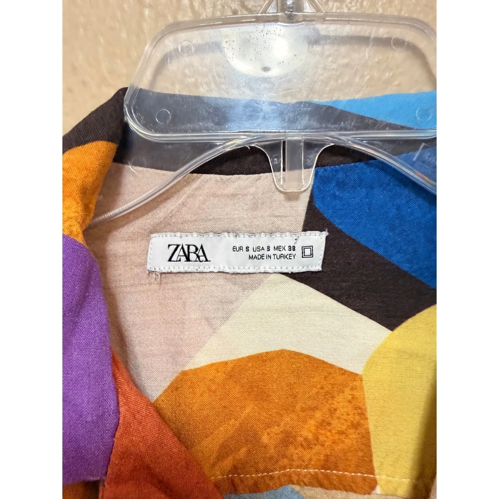 ZARA Geometric Print Short Sleeve Button Up Shirt Women Size S Multi Color - Image 2