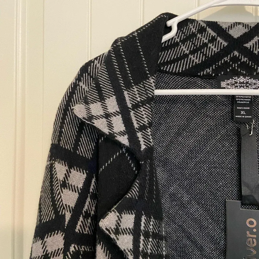 NWT | Oliver O‎ women’s twill plaid patterned open front jacket — XL Black - Image 3