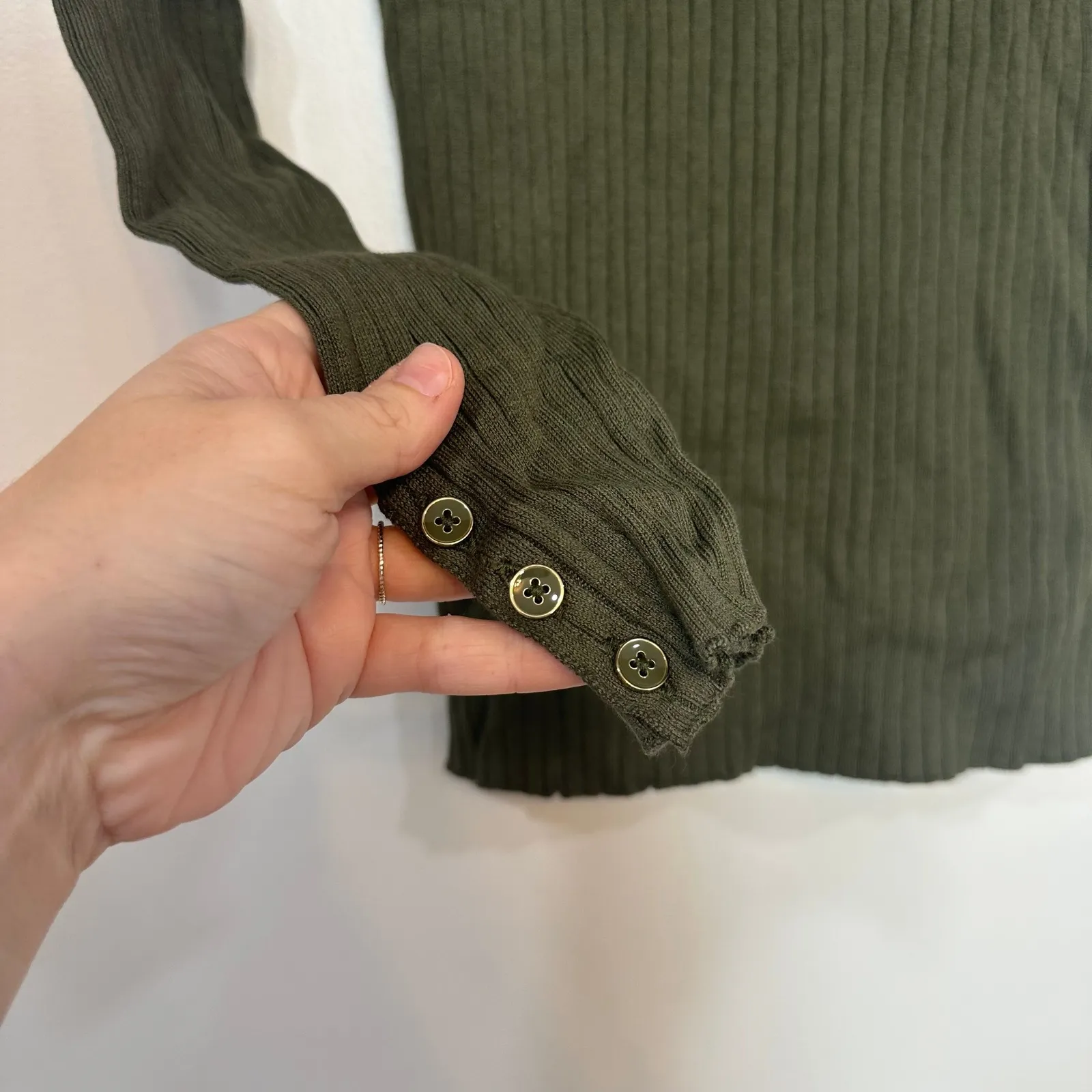 J Mclaughlin Arlette Sweater XS Knit Rib Stretch Button Turtleneck Solid Green - Image 5