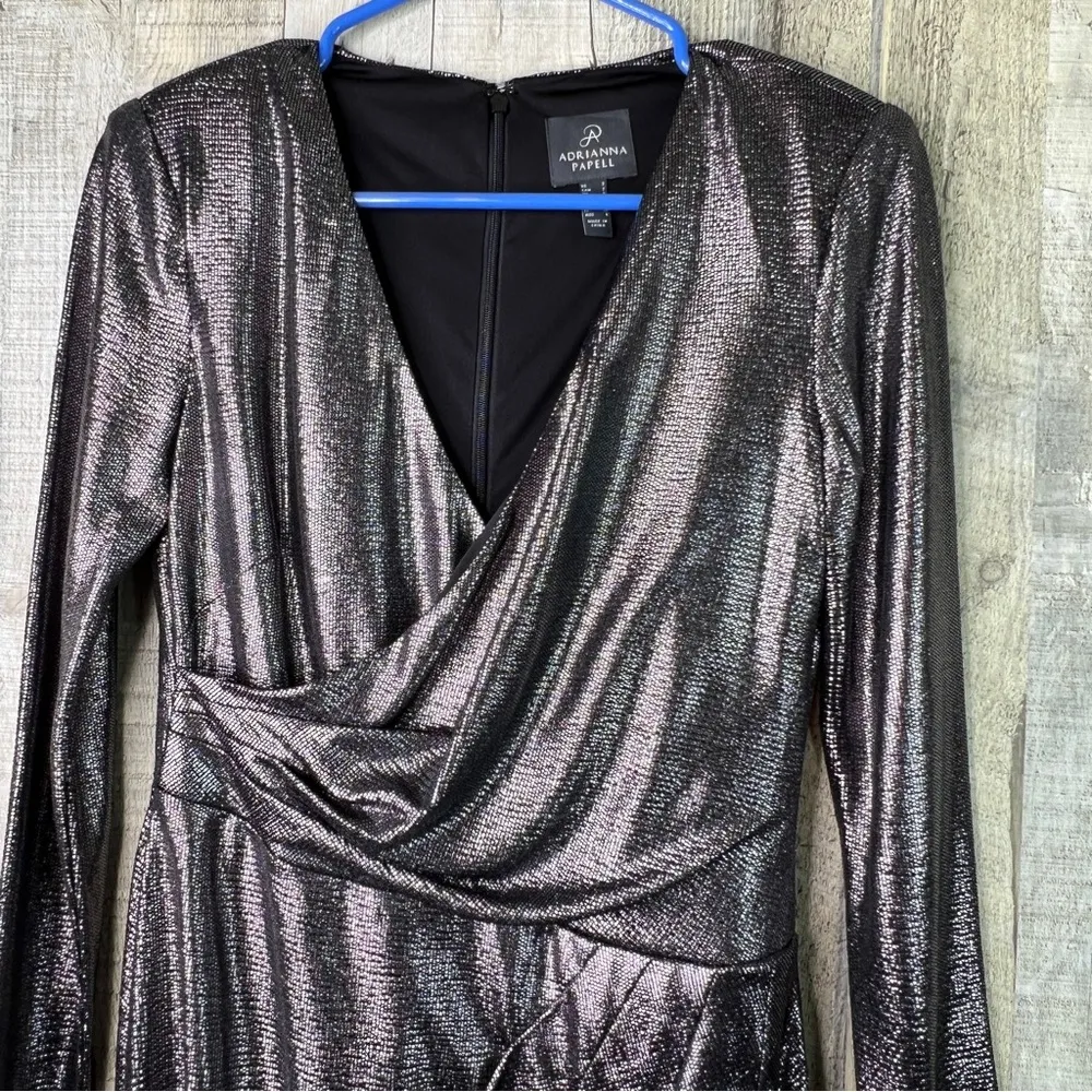 Adrianna Papell Sz 2 SilverGray Metallic Surplice Peplum Long Sleeve Tul… - Image 5