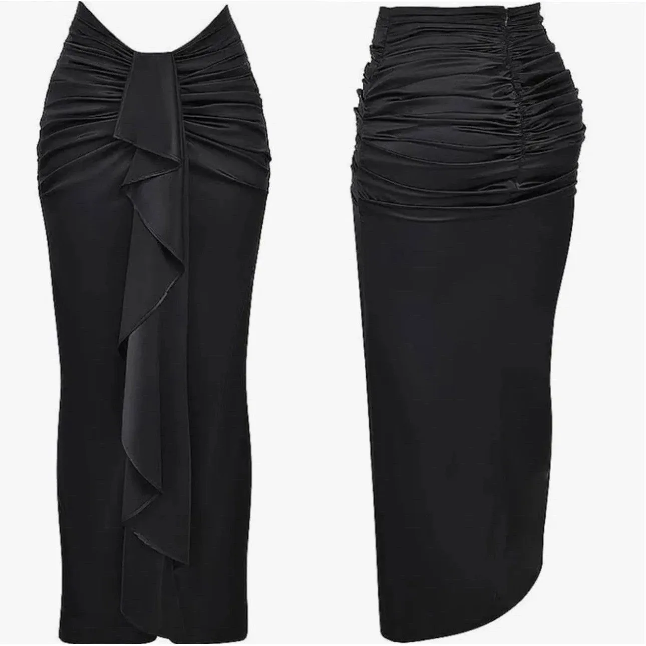 House of CB NEW Small Black Arla Draped StretchSilk‎ Maxi Ruffle Skirt Luxury - Image 2