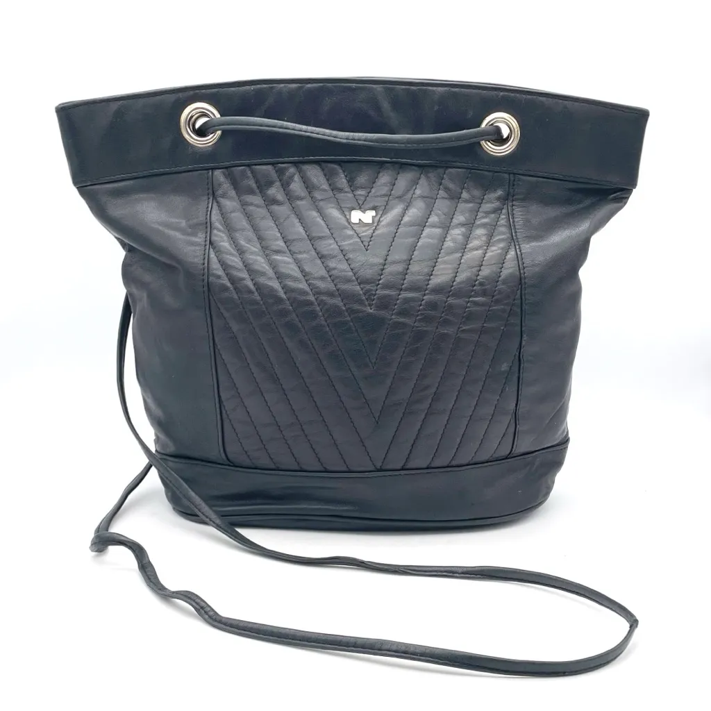 Nina Ricci Black Leather Tote Bag Drawstring Shoulder Purse Quilted Chevron - Image 2