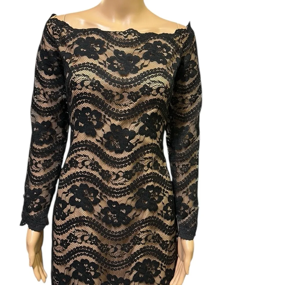 Victor Costa Black Lace Overlay Illusion Off Shoulder Long Sleeve Gown Dress 18 - Image 4