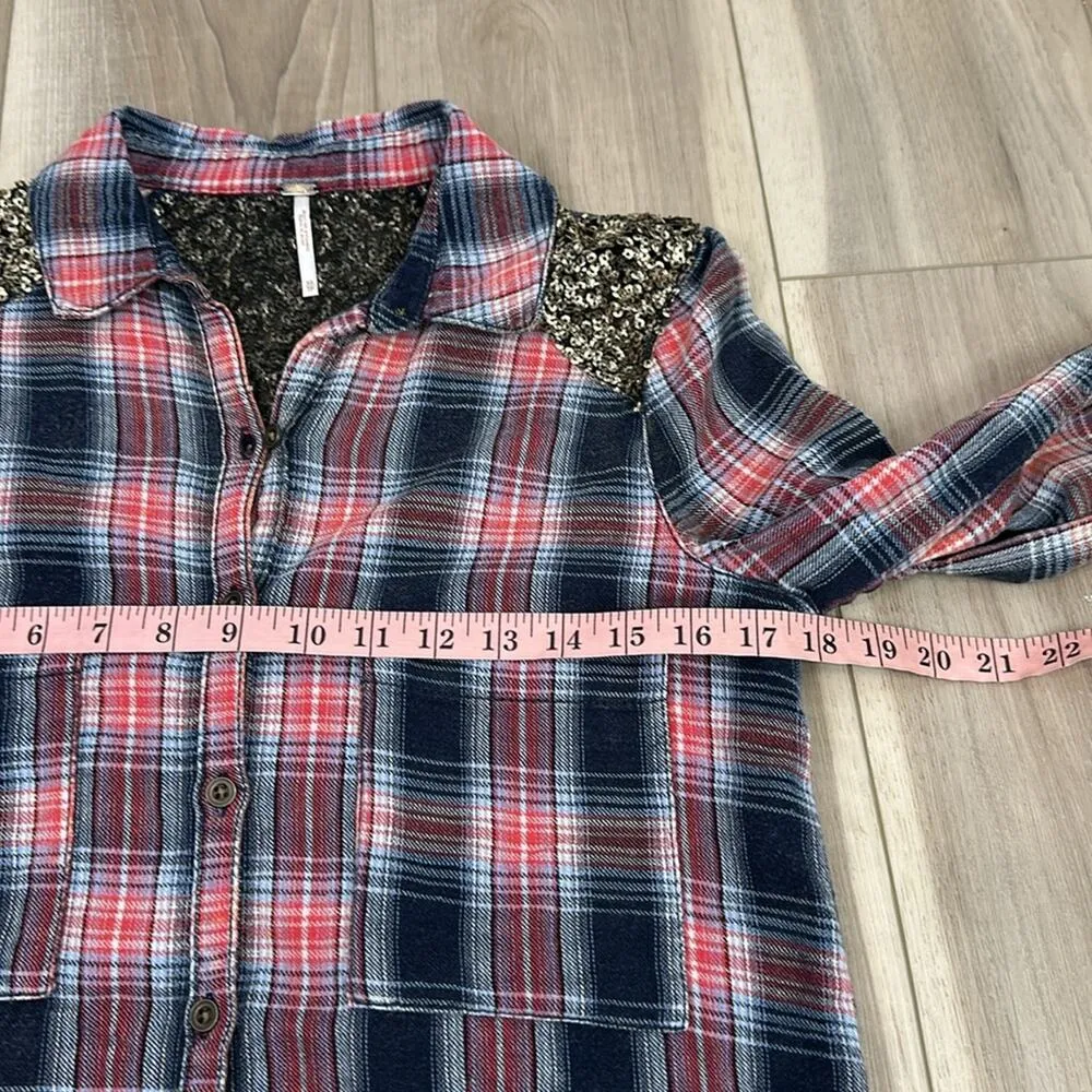 Free people little bit of sugar sequin plaid flannel button down shirt s… - Image 6
