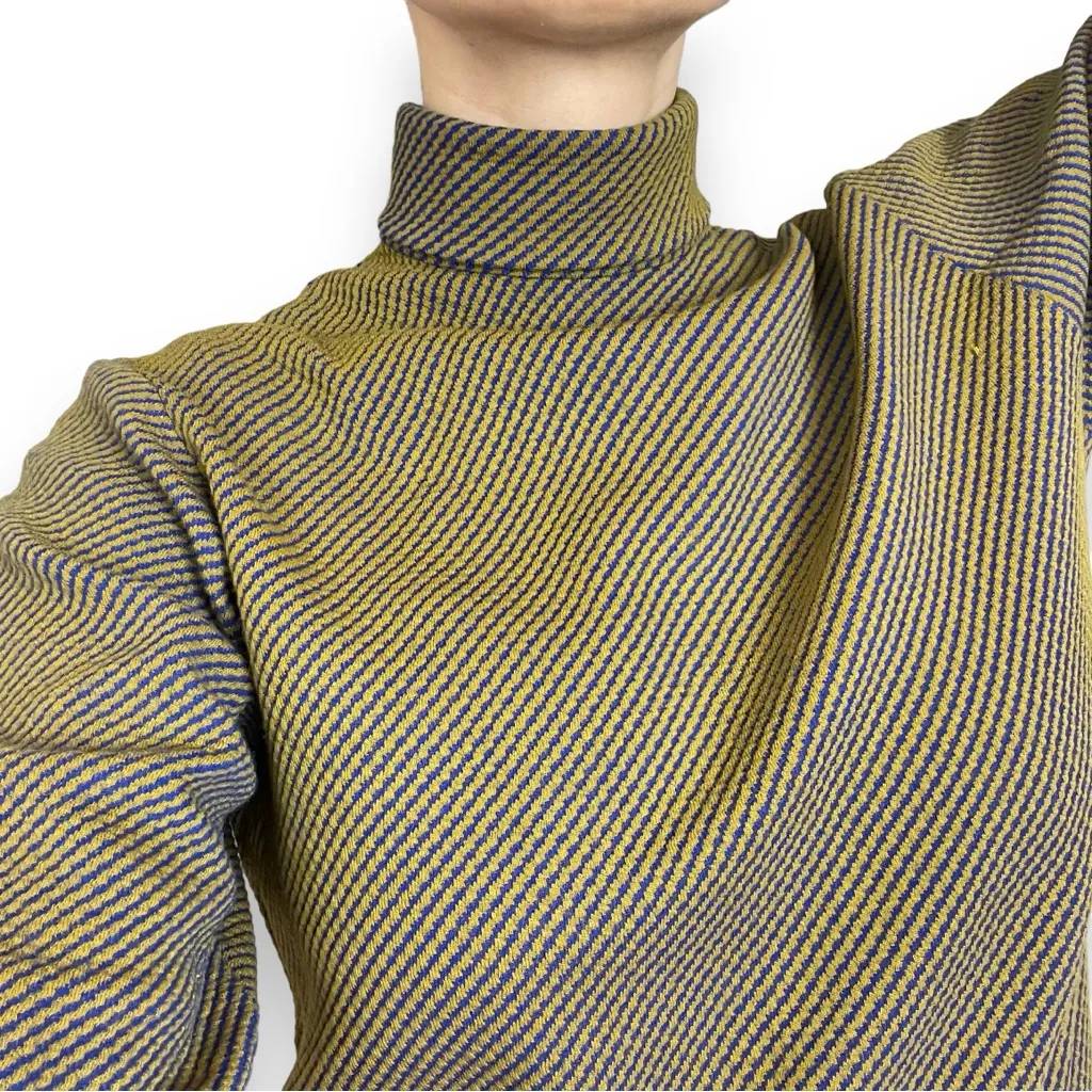 Vintage 60s Turtleneck Top 3/4 Length‎ Sleeves Retro Blue Green Goblincore Shirt - Image 4