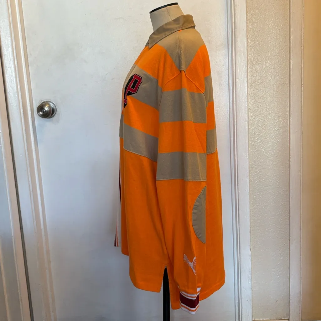 PUMA Orange Tan White Burgundy Striped Collegiate Logo Collared Shirt $95 NWT M - Image 6