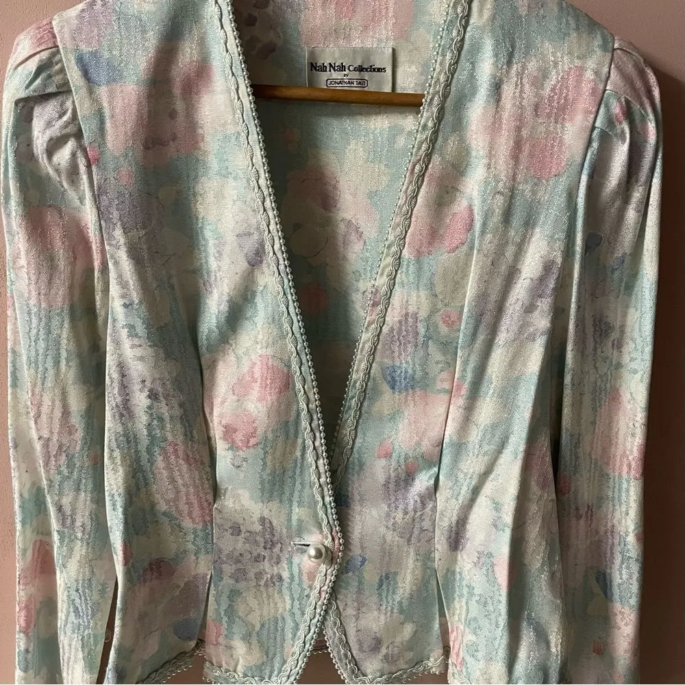 Vintage Nah Nah Collections Light Blue|Pink|Cream Floral Print Blazer EUC Sz. 8 Blue - Image 11