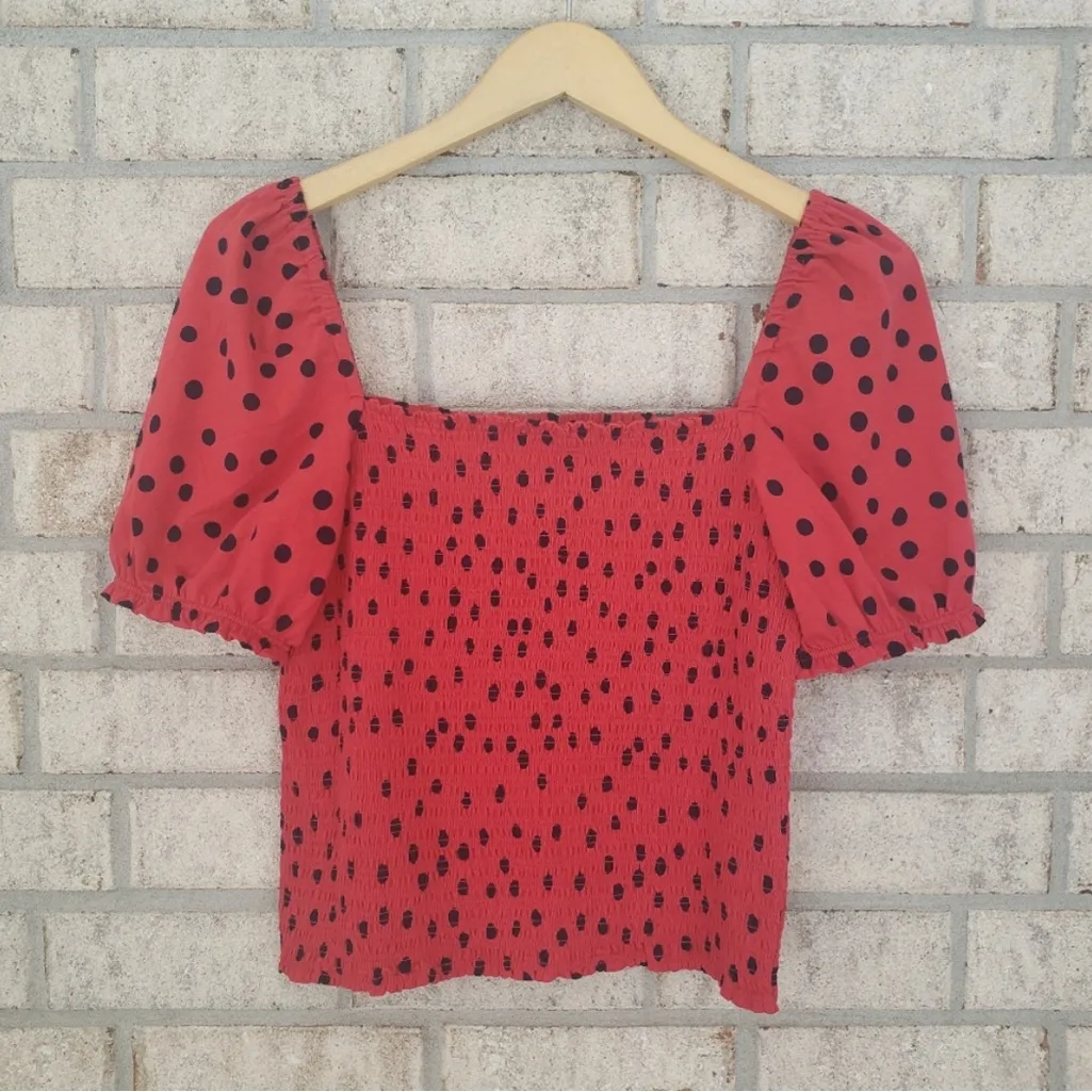 Dolan Anthropologie Smocked Polka Dot Puff Sleeve Red Black Shirt XS Cotton - Image 4