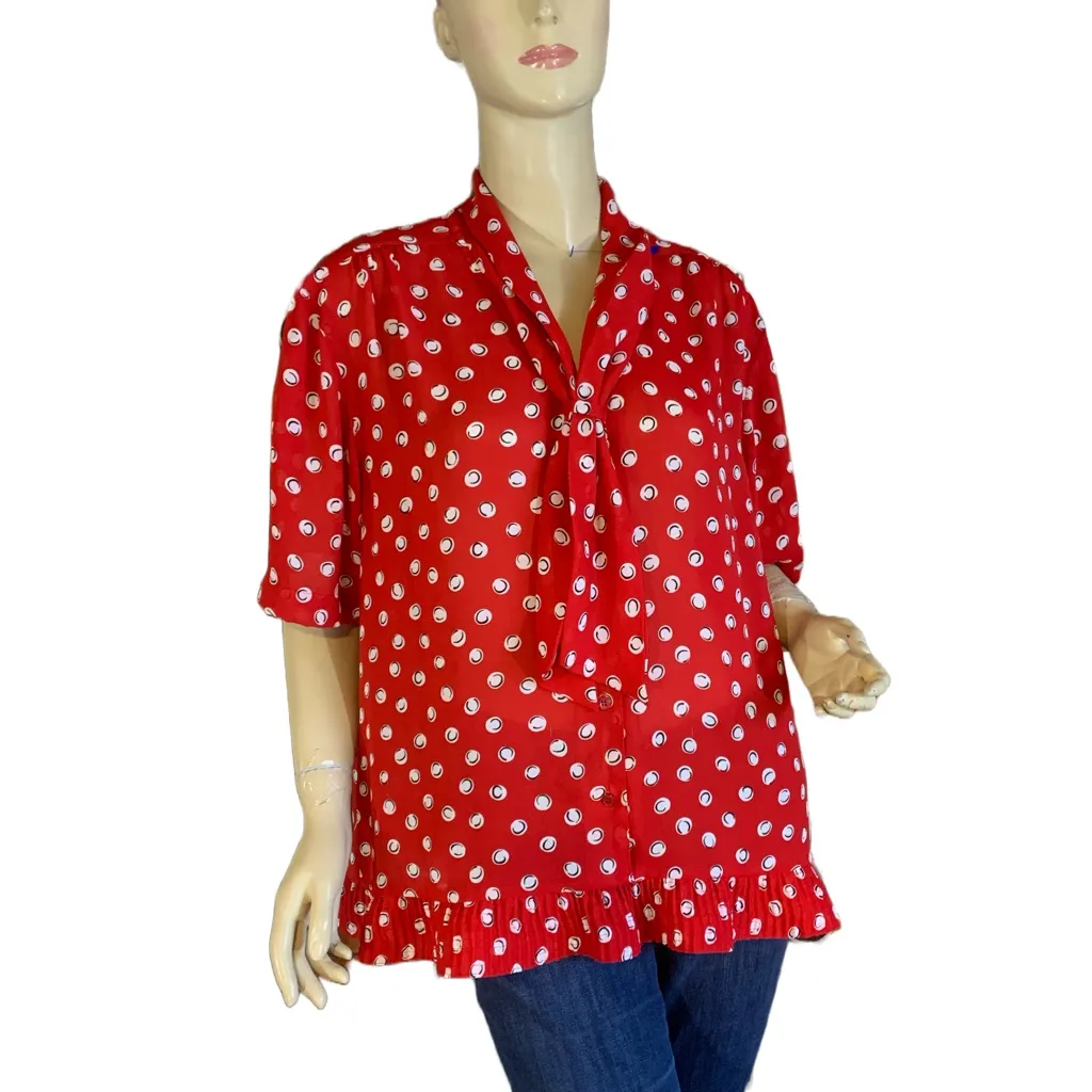 ALFRED DUNNER VINTAGE 1980'S RED, BLACK AND WHITE DOTS RUFFLE HEM BLOUSE (18) - Image 2
