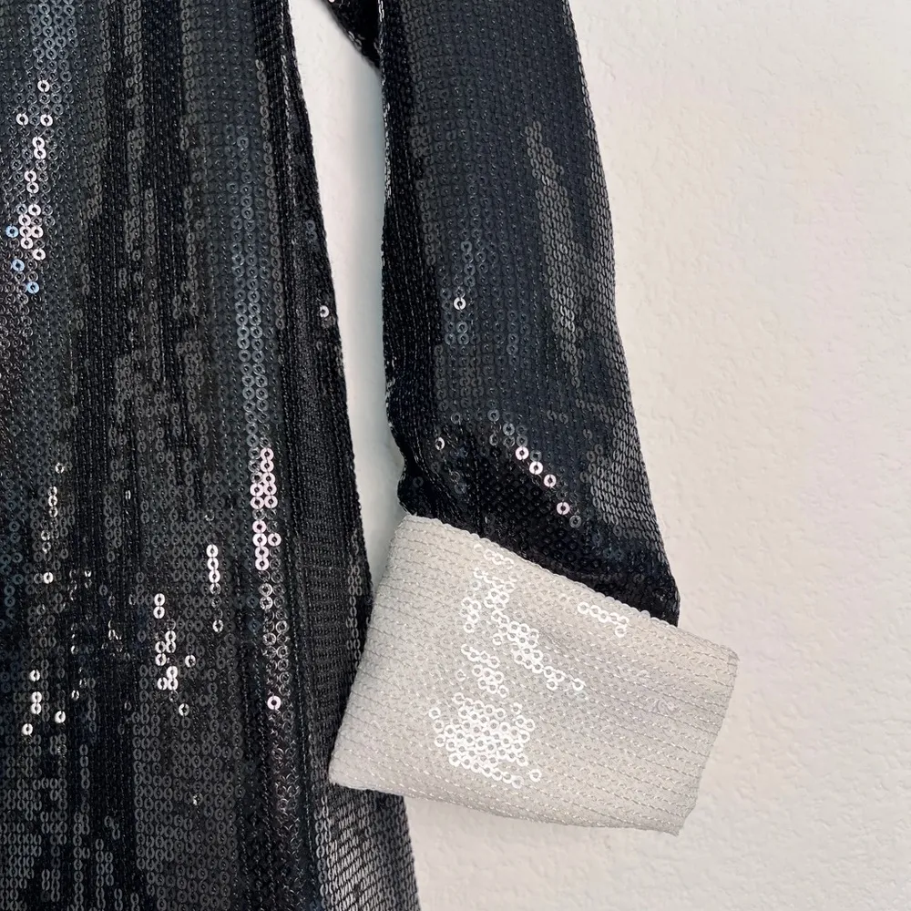 Asos Petite Black Sequin Swing Long Sleeves Mini Dress with White Collar and Cuf Size 0P - Image 5